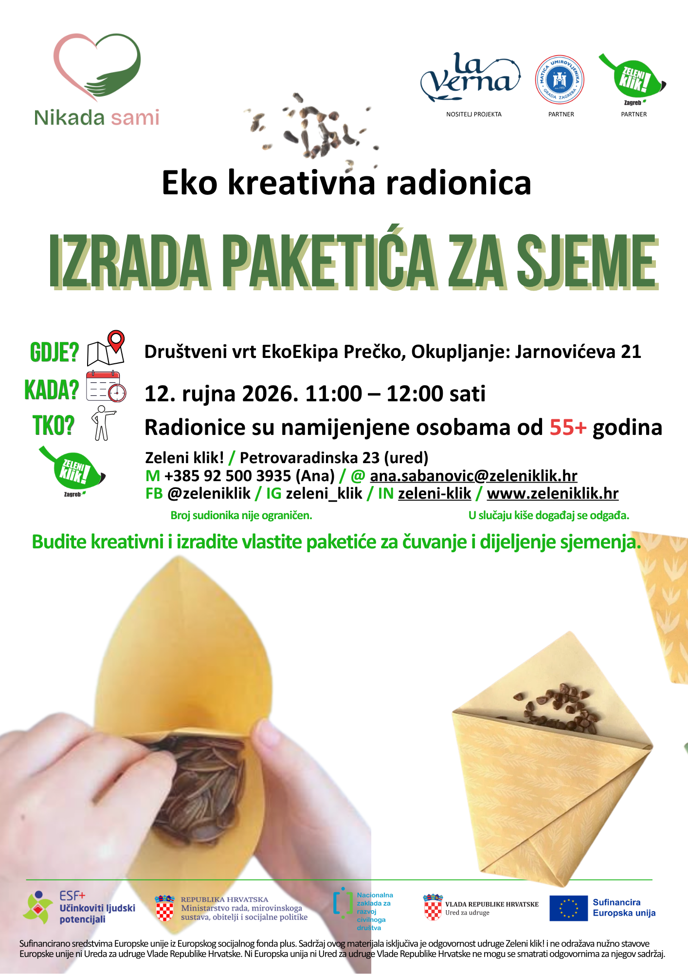 Eko kreativna radionica paketici sjeme Nikada Sami 12.9.2026. PLAKAT