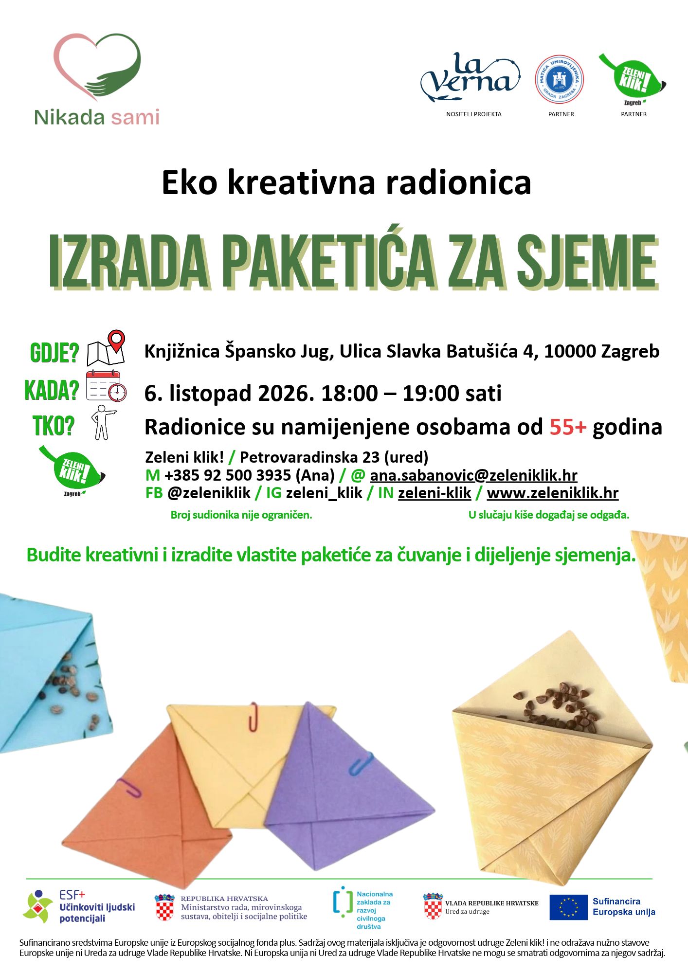 Eko kreativna radionica paketici sjeme Nikada Sami 6.10.2026. PLAKAT